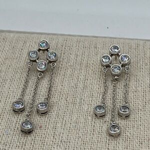 Vtg Sterling Silver CZ Clover Design Chain Dangle Stud Earrings